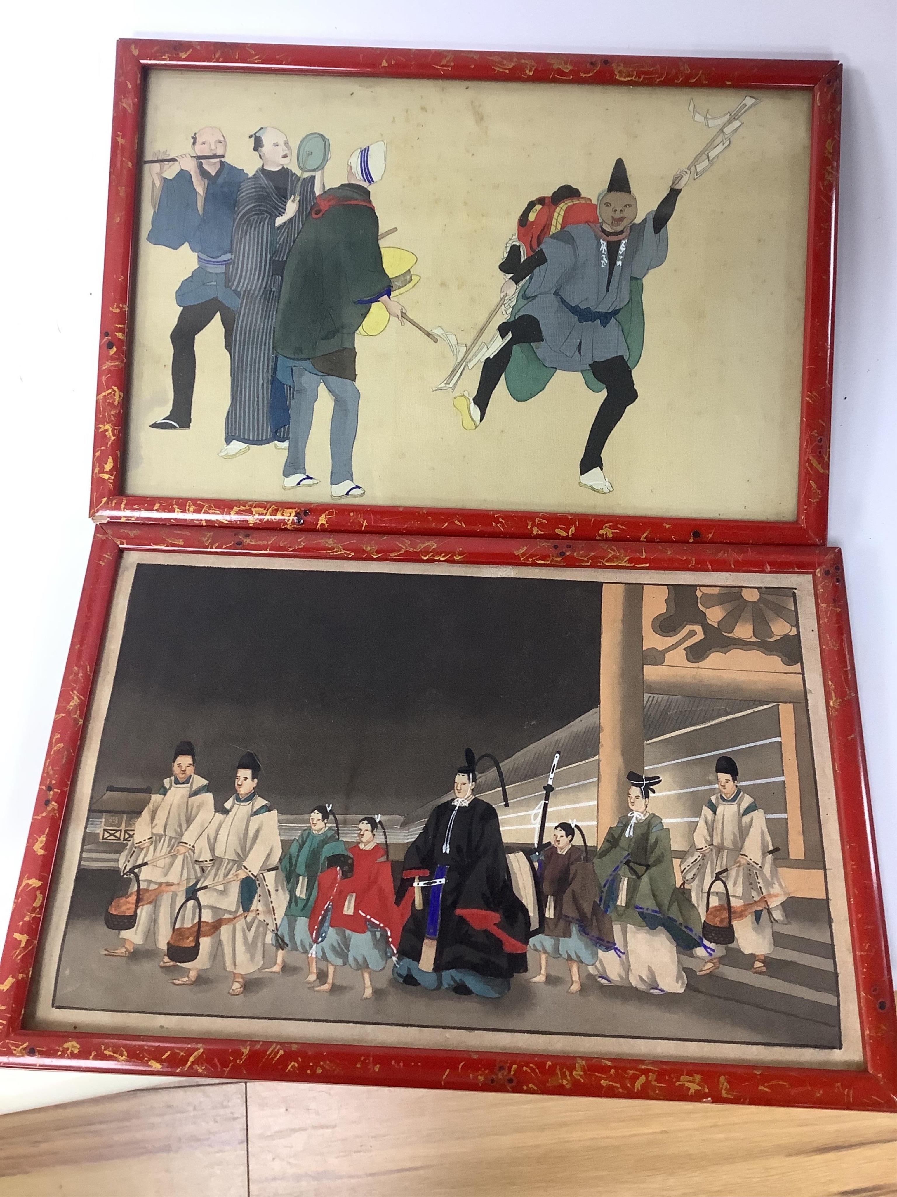 A collection of Chinese and Japanese paintings to include; a pair of Chinese pith paper paintings and Japanese woodblock prints, largest 18 x 30cm. Condition - varies, mostly fair